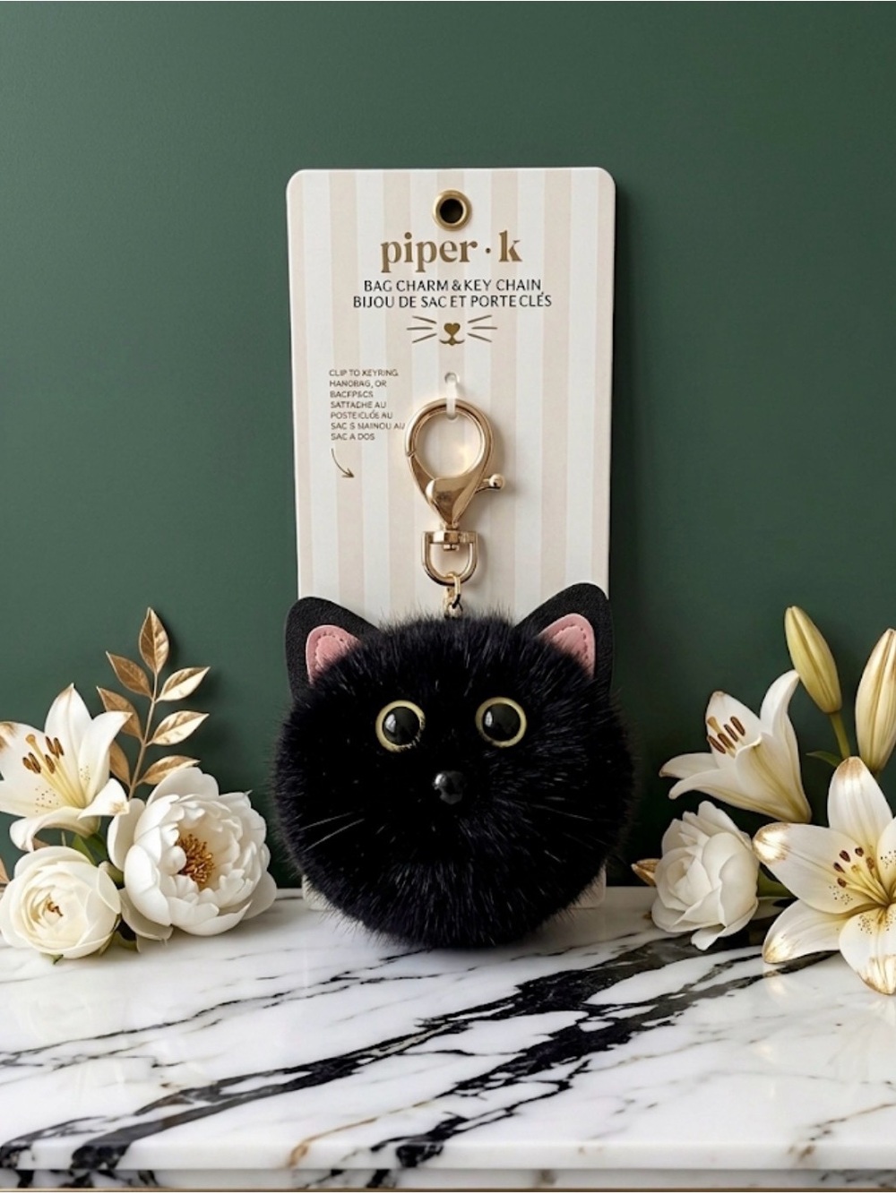 Piper Black Cat Pom Pom Bag Charm with Gold Clasp